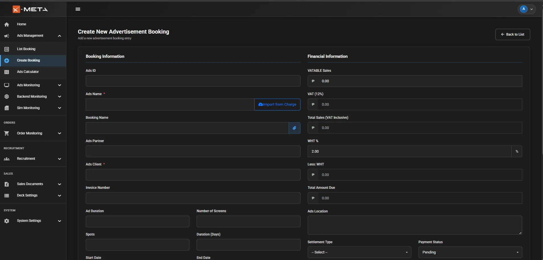 Create new advertisement booking with booking and financial information