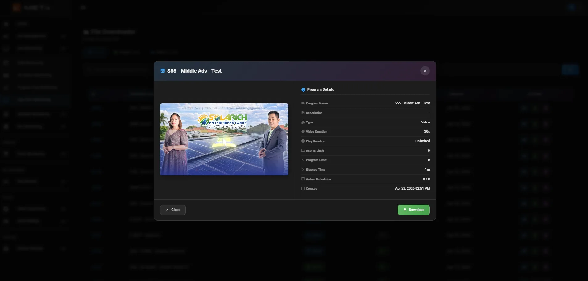Program details modal with video preview and schedule info