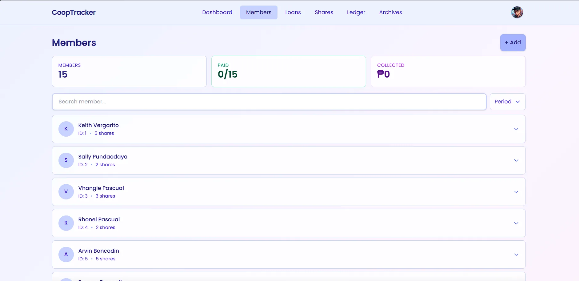 Members list with search, paid status, and total collected