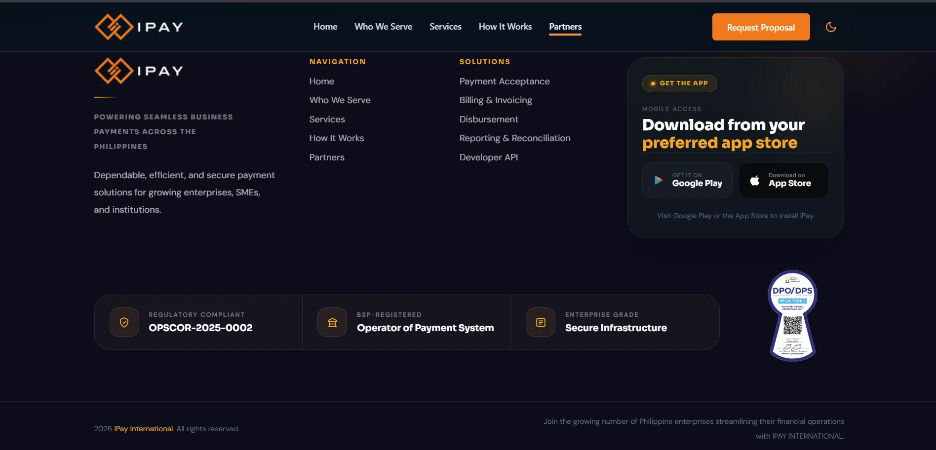Footer with navigation, app store badges, and compliance credentials