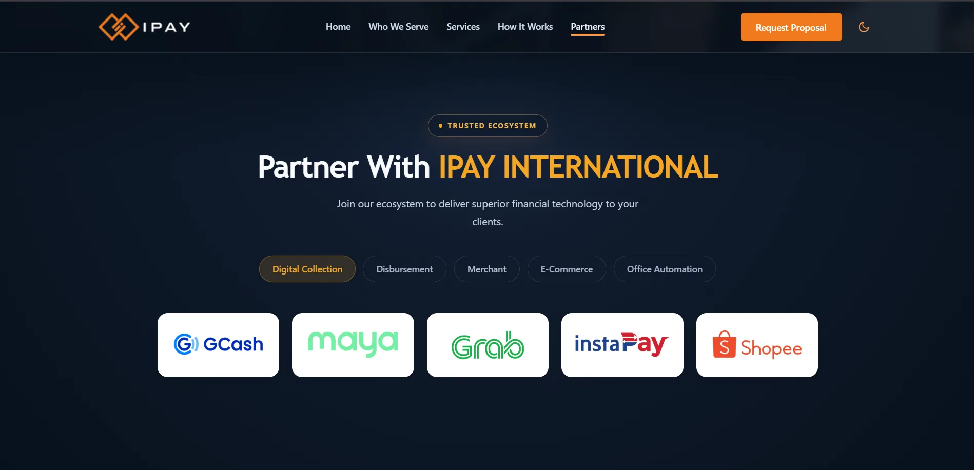 Partners section with GCash, Maya, Grab, instaPay, and Shopee logos