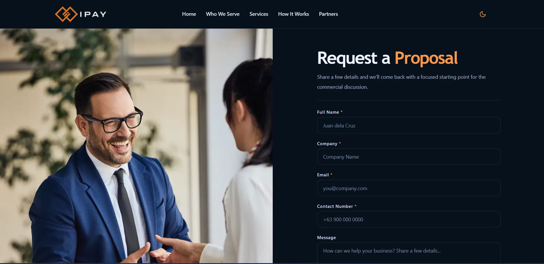Request a Proposal form with full name, company, email, contact and message fields