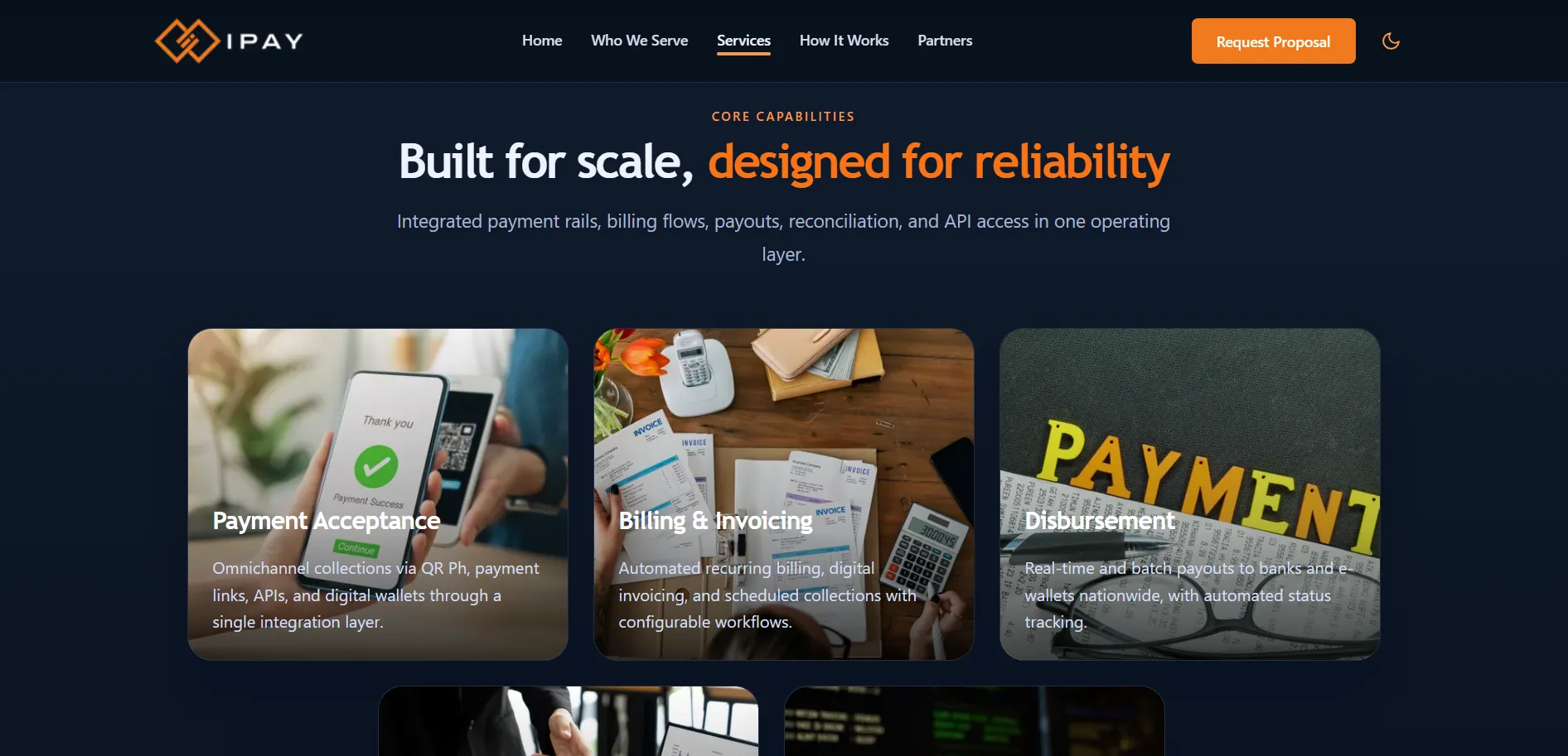 Core capabilities section with payment acceptance, billing, and disbursement cards
