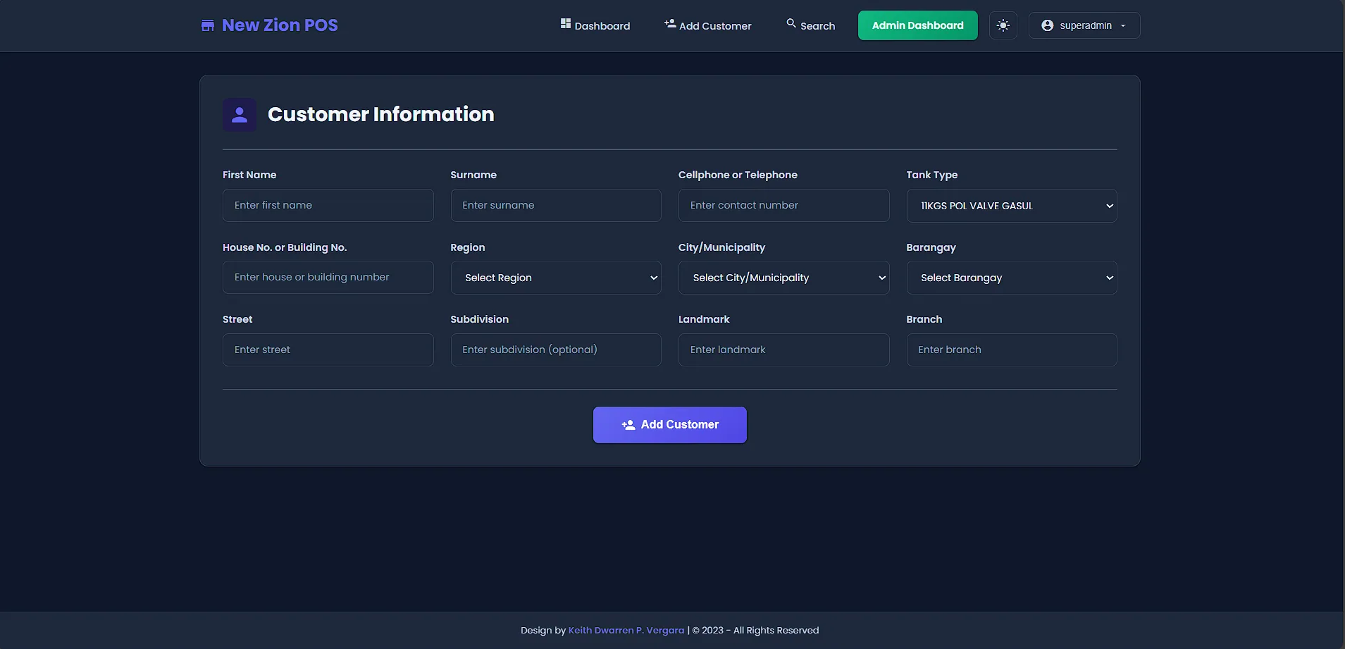 Add customer form with address and tank type fields