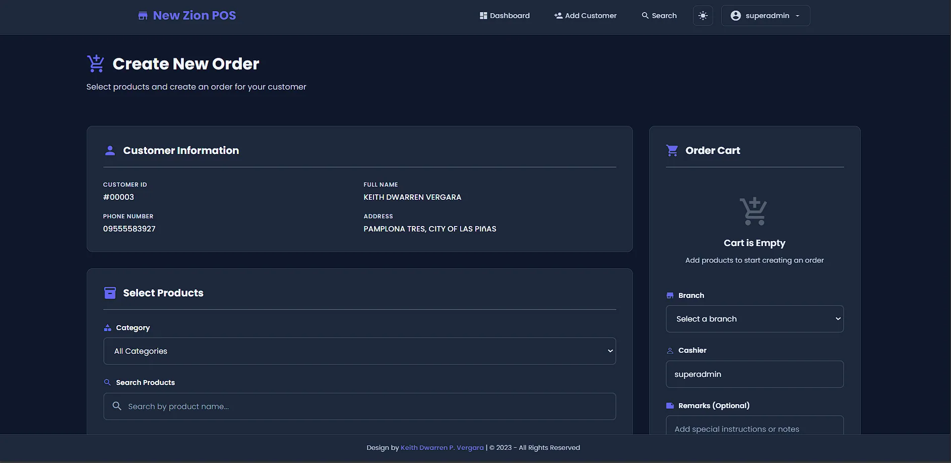 Create new order screen with customer info and order cart