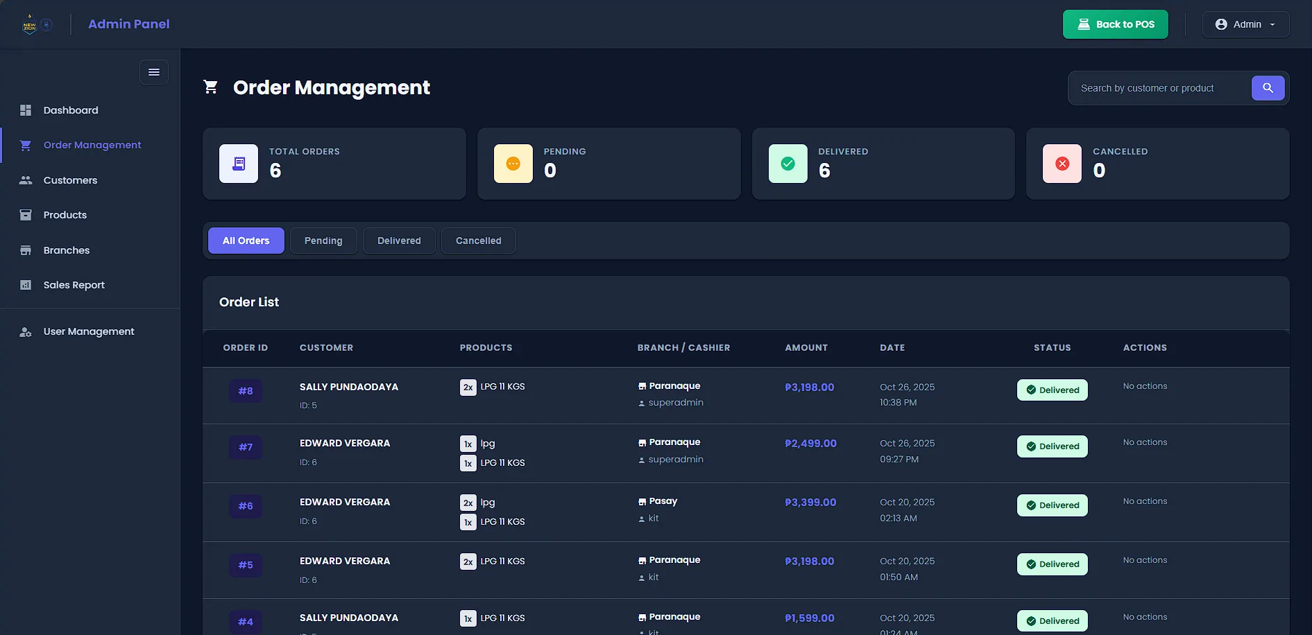 Order management table with statuses and filters