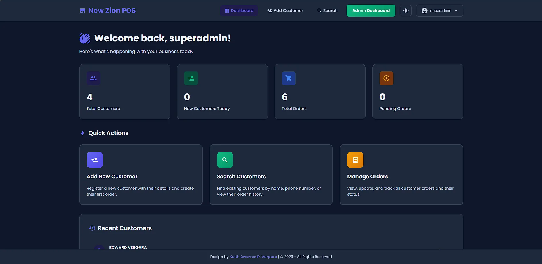POS dashboard with quick actions and recent customers