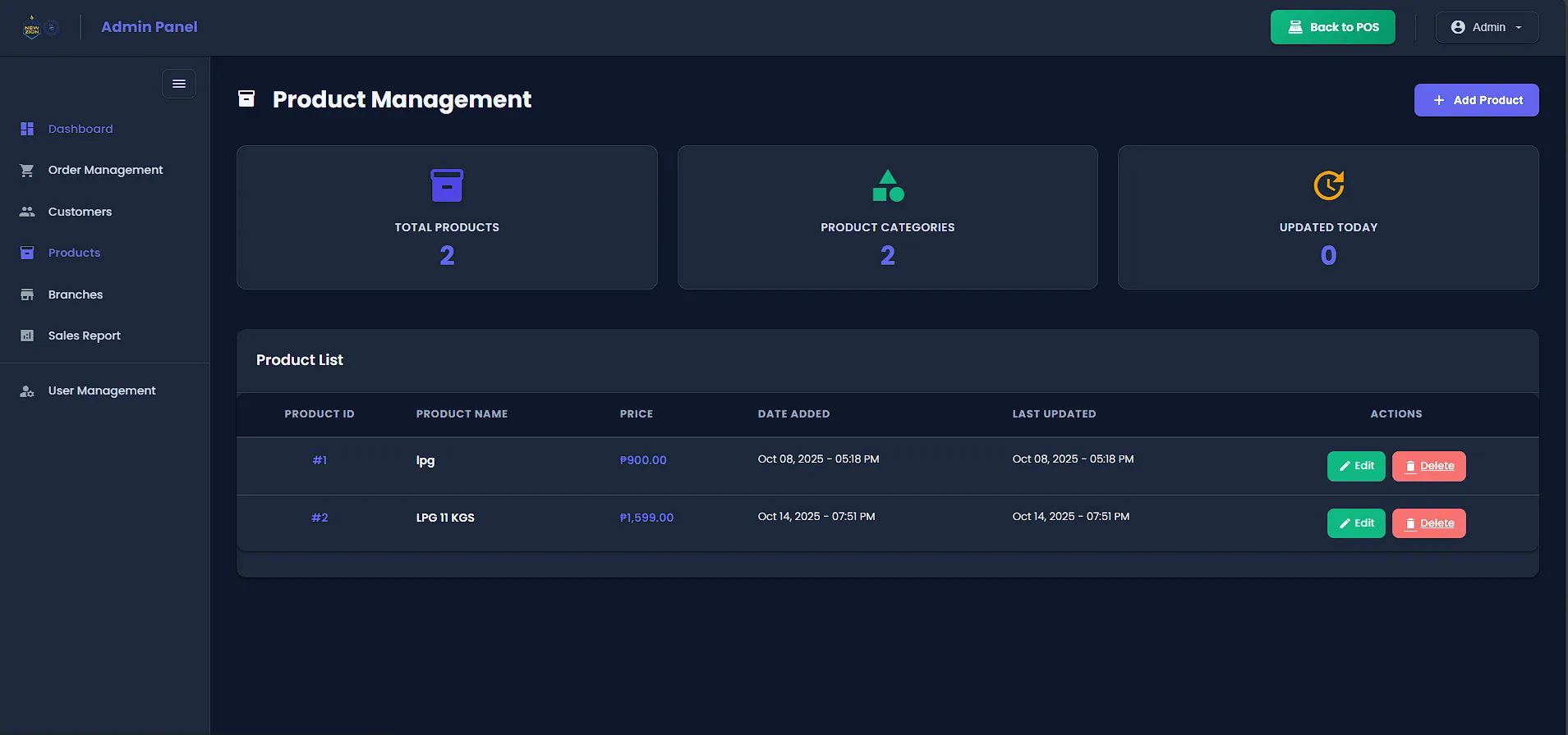 Product management screen with product list