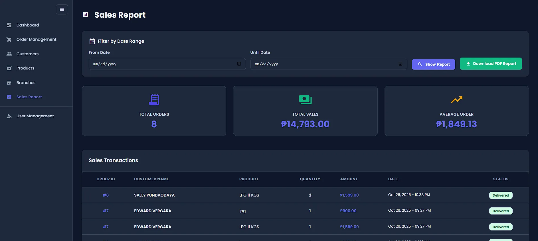 Sales report with date range filter and transactions table