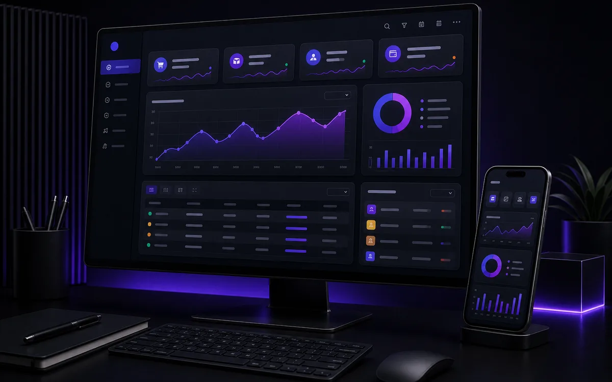 Dark business dashboard mockup with KPI cards, charts, tables, and mobile reporting views.