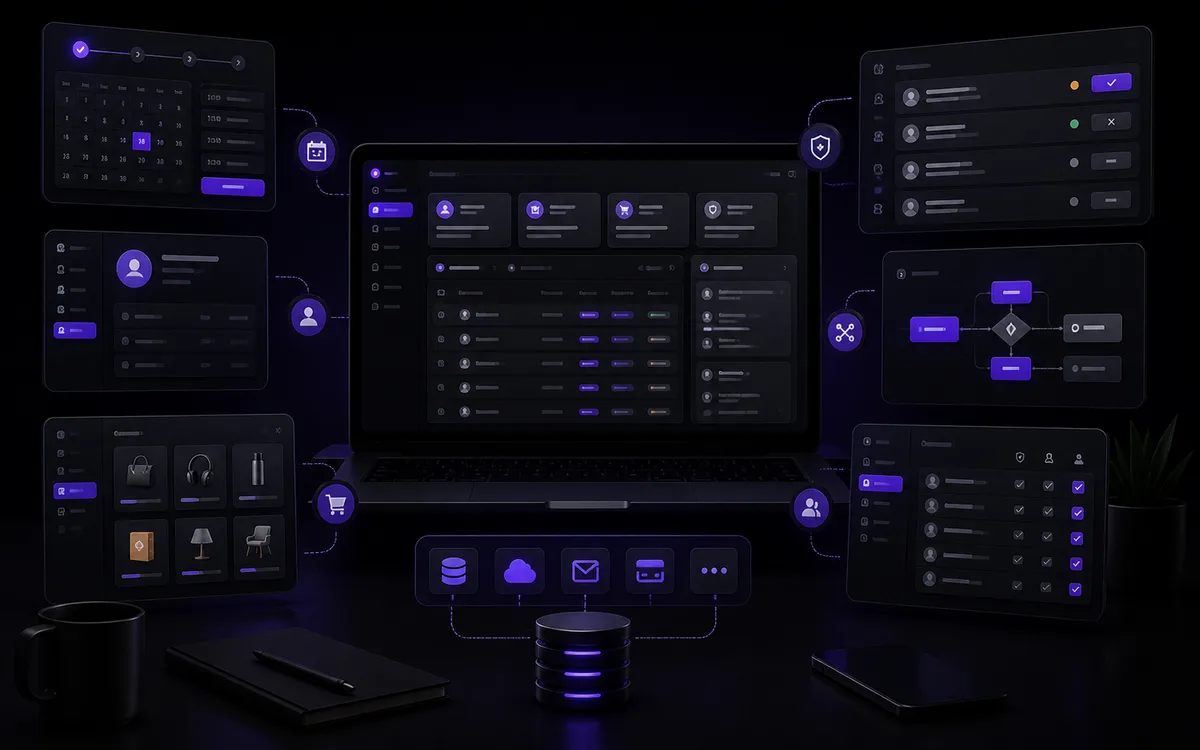 Dark custom web app system mockup with booking, member portal, marketplace, admin, and integration modules.