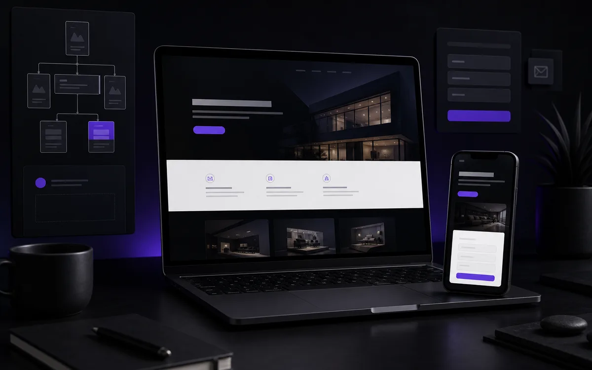 Dark laptop and phone mockup showing a responsive business website creation workflow.